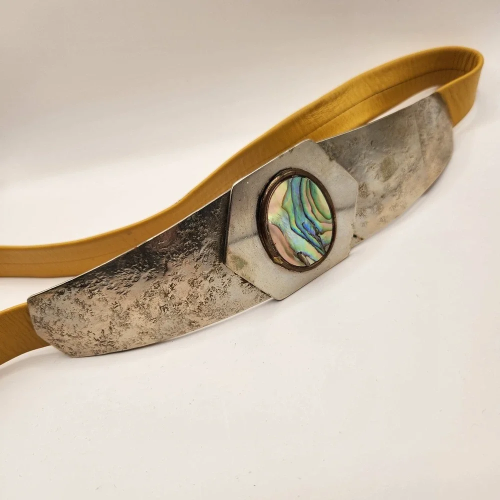 Vintage Bonnie Boynton Style MCM Brutalist Belt Abalone Inlay Hammered Metal